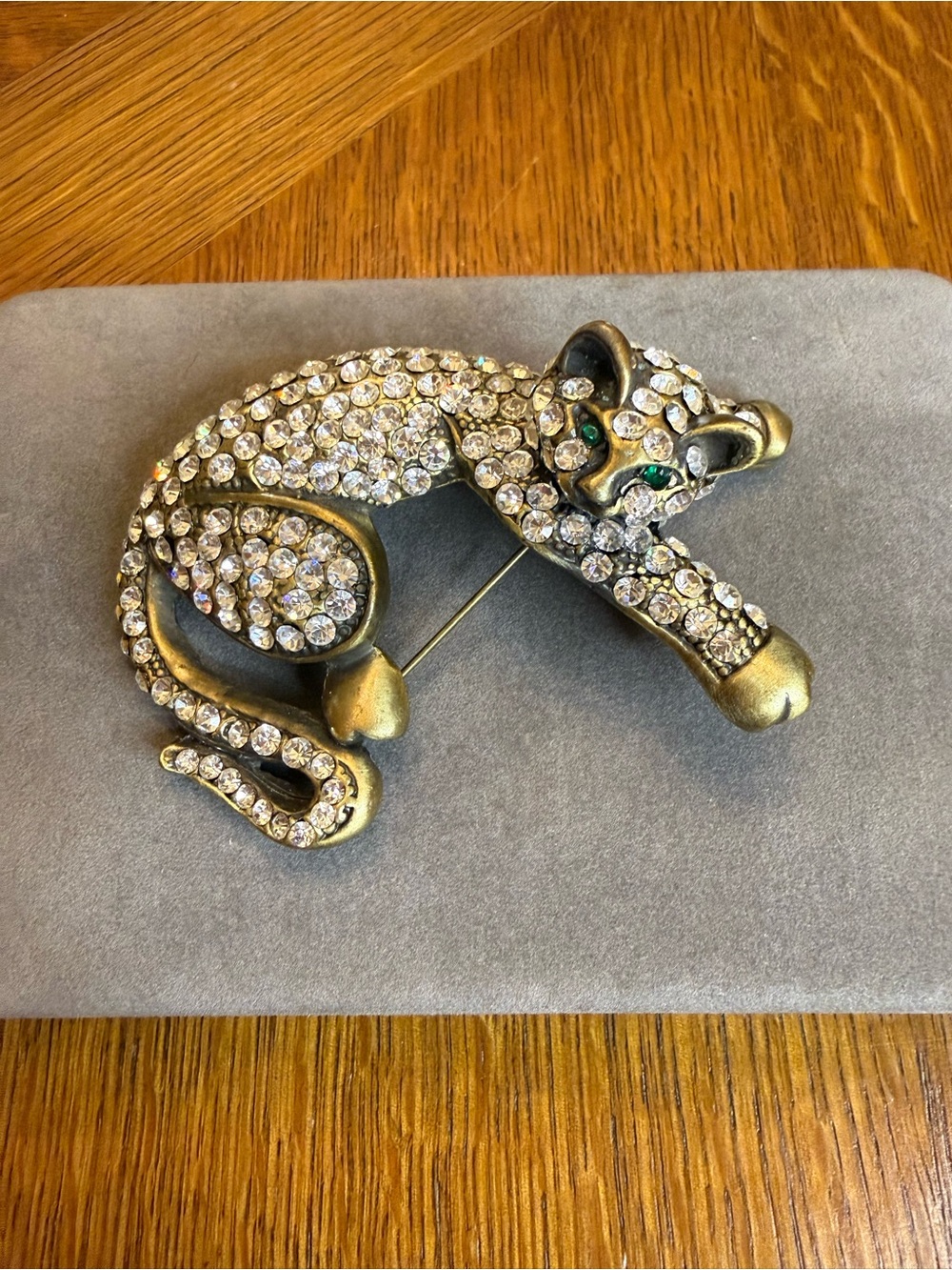 Vintage-Inspired Pave Crystal Cat Brooch in Antique Gold Tone